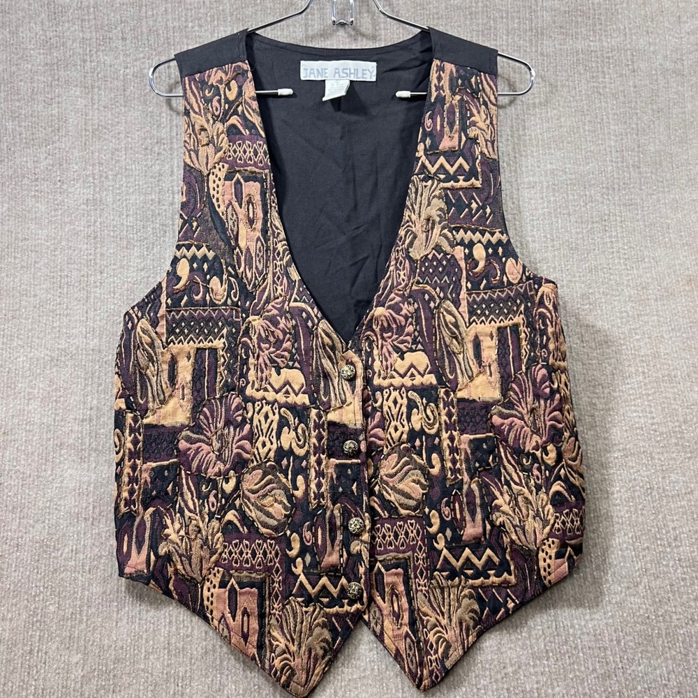 Vintage Jane Ashley Tapestry Vest Women Lg  V Neck Button Front